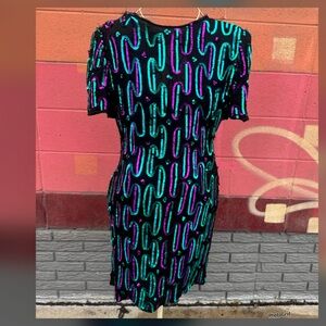 Vintage 1990’s Black Silk Sequin Party Dress Vibrant Teal @ Magenta Zig Zags - M